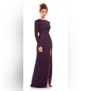 Mac Duggal Aubergine Long Sleeve Crew Neck Geometric Beaded Beaded dress NWT